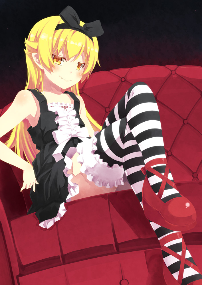 1girl blonde_hair blush bow couch crossed_legs dress fang fang_out hair_bow hairband kouji_(campus_life) long_hair looking_at_viewer monogatari_(series) oshino_shinobu pointy_ears red_shoes shoes sitting smile solo striped striped_legwear thighhighs yellow_eyes