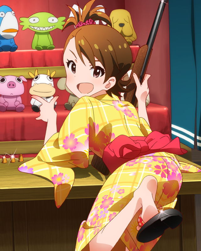 1girl artist_request brown_eyes brown_hair character_name futami_ami hair_ornament idolmaster idolmaster_million_live! japanese_clothes jpeg_artifacts kimono official_art side_ponytail