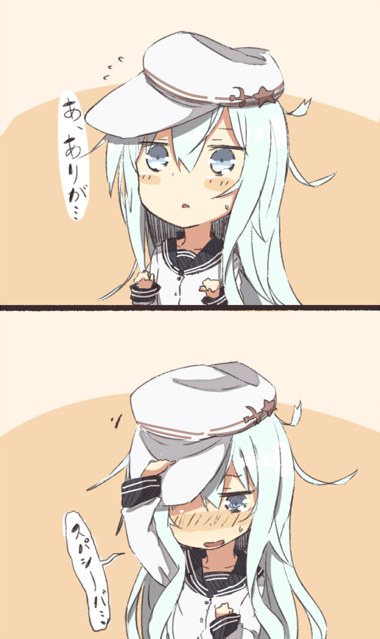 1girl blue_eyes blush blush_stickers comic hammer_and_sickle hat hat_over_one_eye hibiki_(kantai_collection) kantai_collection kariosuto21 long_hair open_mouth personification silver_hair solo star translation_request verniy_(kantai_collection)