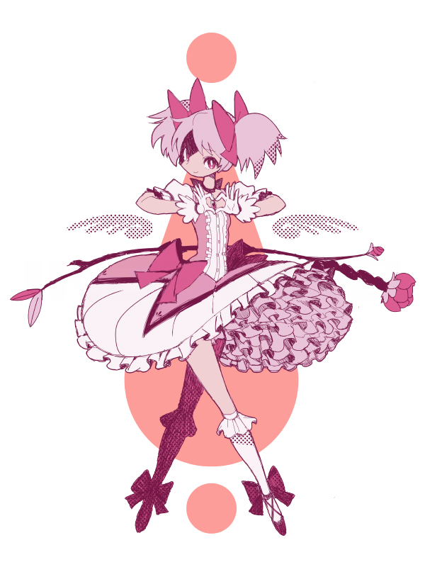 1girl bow crossed_legs flower frills gloves hair_bow heart heart_hands kaname_madoka looking_at_viewer magical_girl mahou_shoujo_madoka_magica pink pink_eyes pink_hair revision short_twintails sigumado66 skirt smile solo soul_gem tagme twintails wings