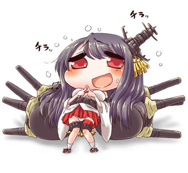 1girl bare_shoulders black_hair cannon chibi detached_sleeves esoragoto fidgeting fusou_(kantai_collection) hair_ornament kantai_collection long_hair lying on_back open_mouth panties personification red_eyes skirt smile solo translation_request underwear white_panties