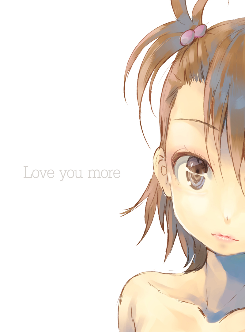 1girl brown_eyes brown_hair english futami_ami head_out_of_frame idolmaster lips looking_at_viewer side_ponytail solo white_background yae_(mono110)