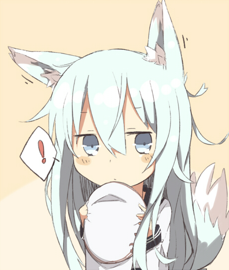 1girl animal_ears blue_eyes bust dog_ears dog_tail hat hat_removed headwear_removed hibiki_(kantai_collection) kantai_collection kariosuto21 kemonomimi_mode long_hair looking_at_viewer personification silver_hair solo spoken_exclamation_mark tail verniy_(kantai_collection)