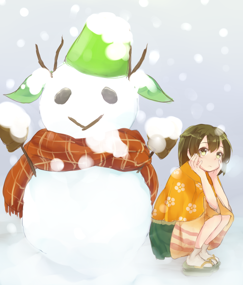 hiryuu_(kantai_collection) japanese_clothes kantai_collection komachi_naruta personification sandals scarf short_hair snowing snowman souryuu_(kantai_collection) twintails