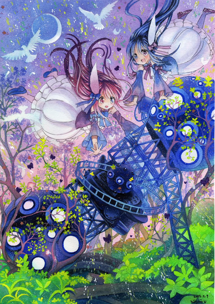 2girls :d artist_name bird blue_eyes blue_hair blush bow butterfly colorful crescent_moon dated dress feathers hair_bow hair_feathers heterochromia leaf light_particles long_hair moon mosho multiple_girls open_mouth original outstretched_arms planetarium plant red_eyes redhead signature sky smile traditional_media tree violet_eyes watercolor_(medium) white_dress