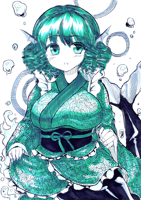 1girl abf ballpoint_pen_(medium) blue_eyes blue_hair blush breasts bubble drill_hair head_fins japanese_clothes kimono large_breasts long_sleeves looking_at_viewer marker_(medium) mermaid monochrome monster_girl obi sash short_hair simple_background smile solo touhou traditional_media underwater wakasagihime white_background wide_sleeves