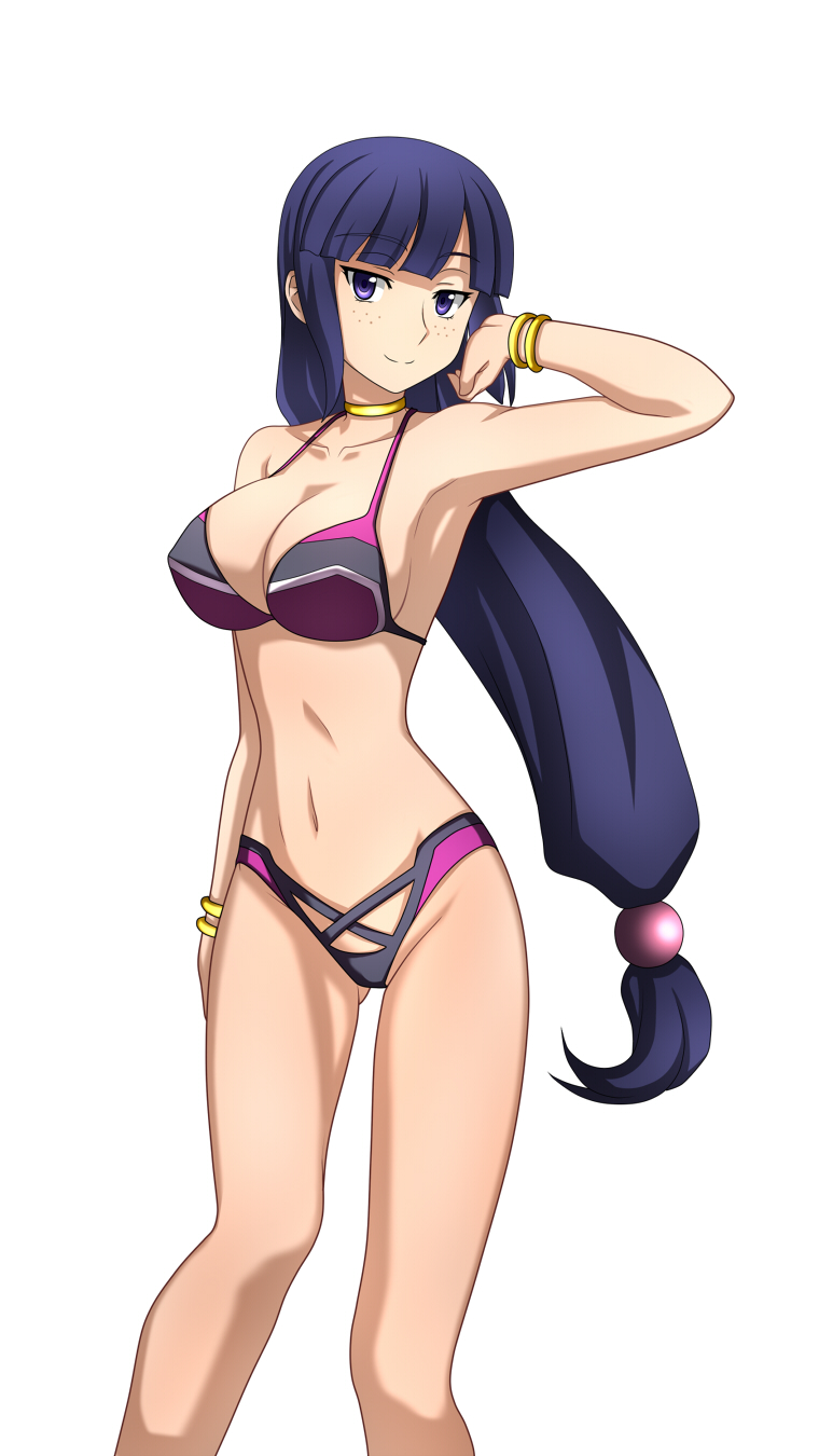 1girl bikini bracelet breasts choker cleavage freckles gundam gundam_build_fighters highres jewelry kenken large_breasts long_hair mihoshi_(gundam_bf) navel purple_hair simple_background solo swimsuit very_long_hair violet_eyes white_background