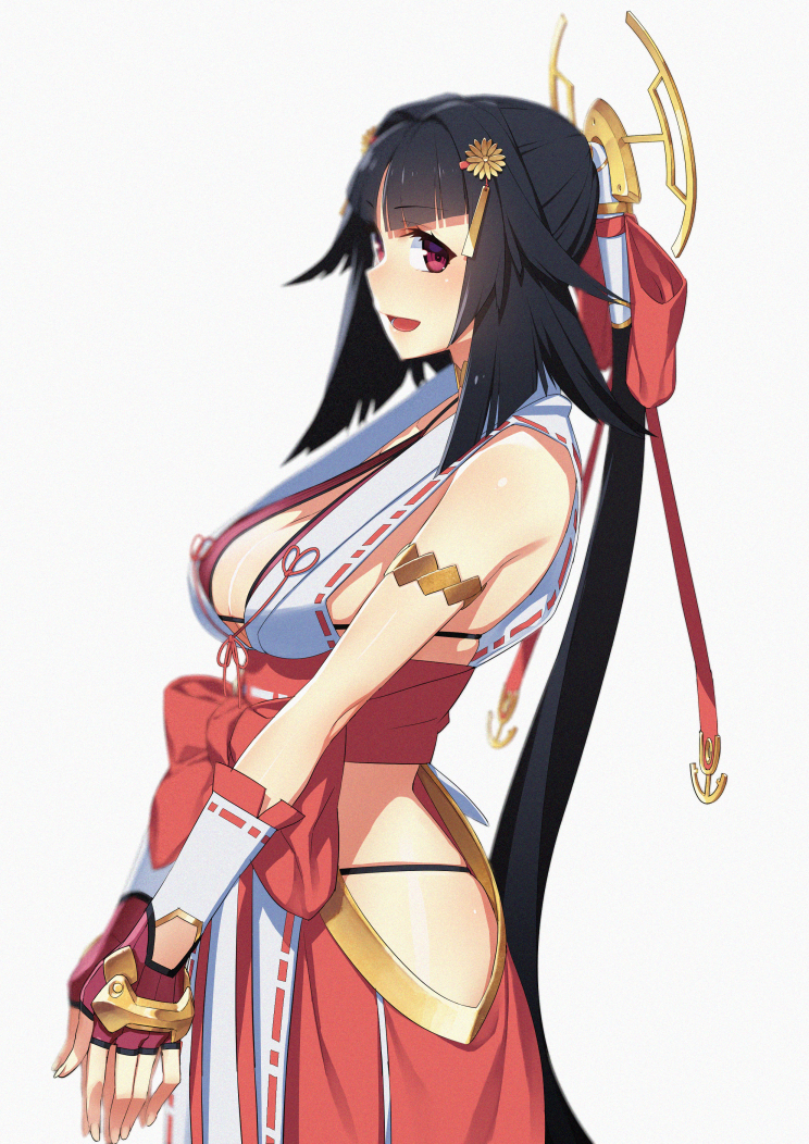 1girl black_hair blush breasts cleavage fingerless_gloves gloves hair_ornament japanese_clothes long_hair obi open_mouth ponytail red_eyes red_gloves sash simple_background sleeveless smile solo tatsuwo very_long_hair