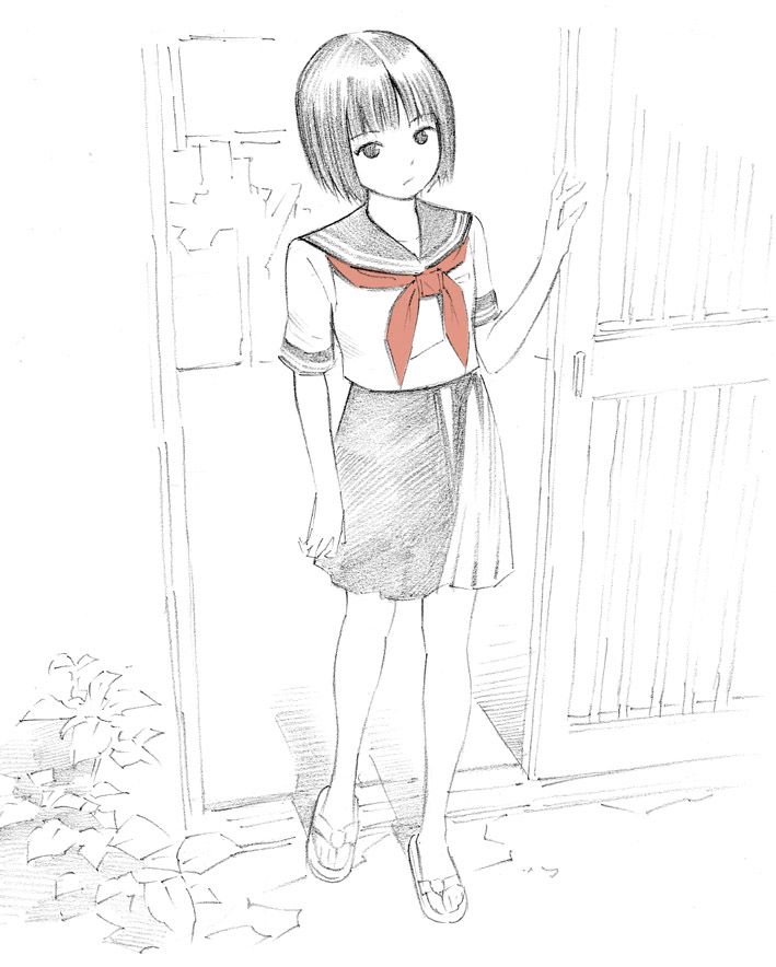 1girl monochrome sketch solo spot_color yoshitomi_akihito