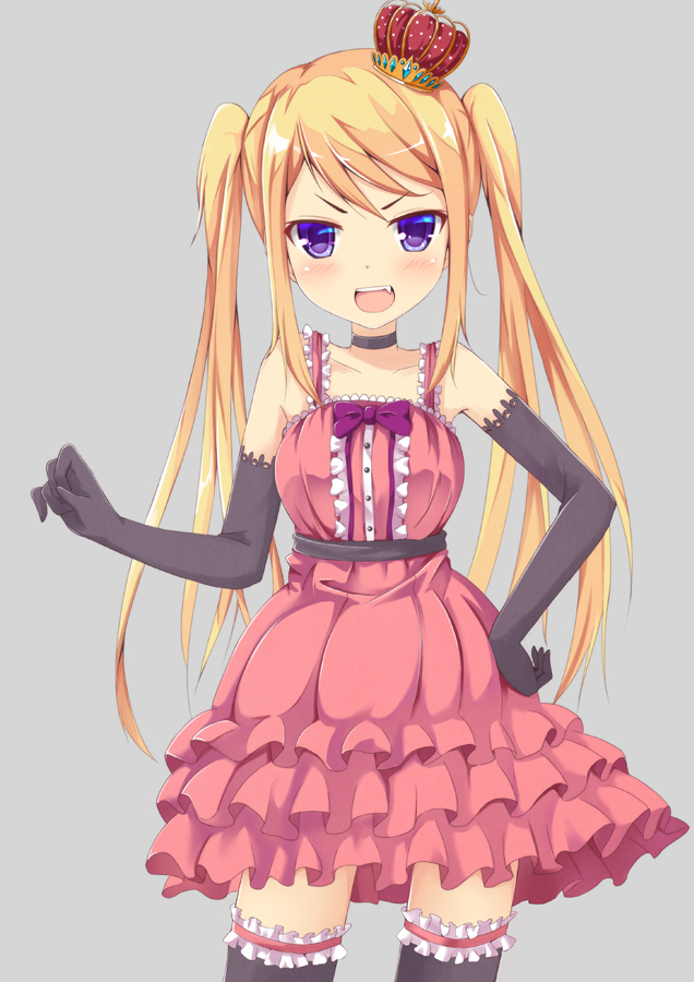 1girl blonde_hair character_request crown dress elbow_gloves fang garters gloves hand_on_hip long_hair looking_at_viewer ok-ray open_mouth sleeveless sleeveless_dress solo thighhighs twintails violet_eyes