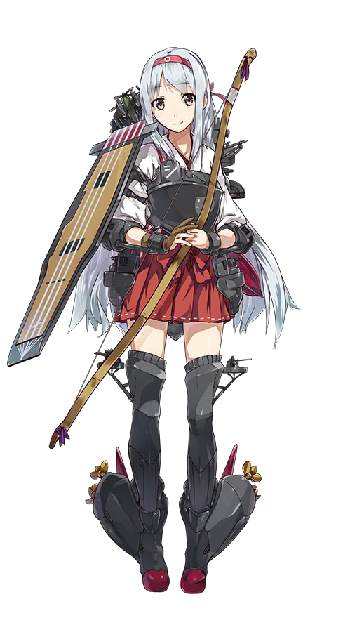 1girl aa_gun airplane archery arrow blush boots bow_(weapon) brown_eyes flight_deck hairband japanese_clothes kantai_collection konishi_(koconatu) kyuudou long_hair muneate official_art personification ribbon shoukaku_(kantai_collection) silver_hair skirt smile solo thigh_boots thighhighs turbine weapon yugake