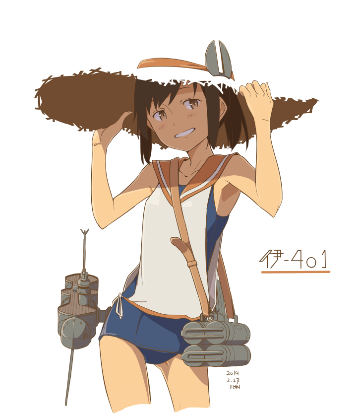 1girl brown_hair character_name dated hat i-401_(kantai_collection) kantai_collection kawashina_(momen_silicon) personification ponytail school_swimsuit smile solo sun_hat swimsuit