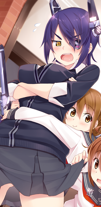 &gt;:o 3girls :d :o assisted_exposure blue_hair blush brown_eyes brown_hair cardigan crossed_arms eyepatch flying_sweatdrops gin headgear hug hug_from_behind ikazuchi_(kantai_collection) inazuma_(kantai_collection) kantai_collection multiple_girls open_mouth out_of_frame school_uniform serafuku skirt skirt_lift smile tenryuu_(kantai_collection) yellow_eyes