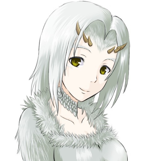 1girl breasts bust dark_souls fur horns long_hair priscilla_the_crossbreed scales smile solo white_hair yellow_eyes