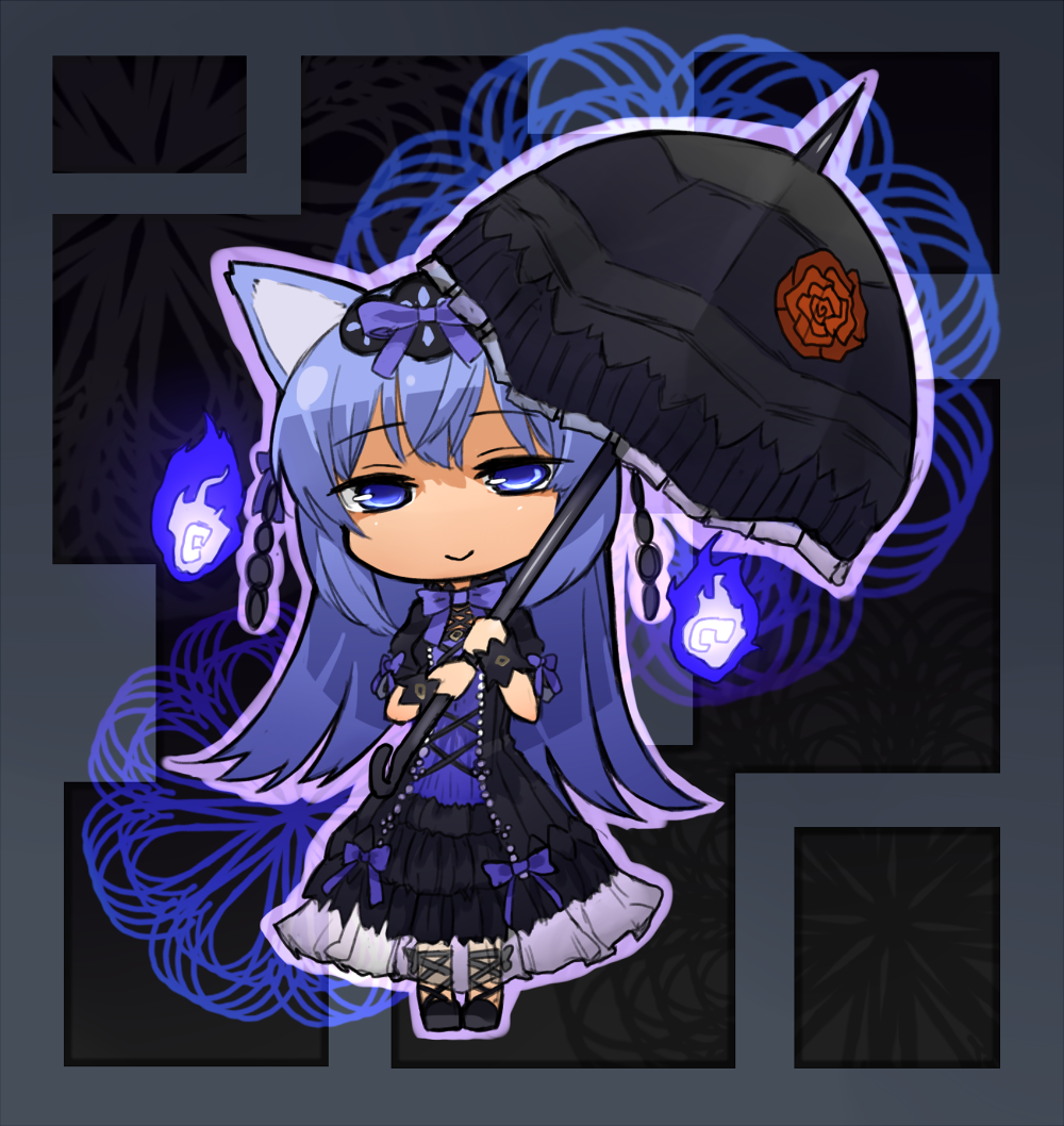 1girl animal_ears ankle_lace-up blue_eyes blue_fire blue_hair bow chibi cross-laced_footwear dress emil_chronicle_online fire gothic_lolita grey_background hair_bow hair_ornament hitodama lolita_fashion long_hair looking_at_viewer minatsuki_(eco) pigeon-toed ribbon shirogane_usagi smile solo umbrella