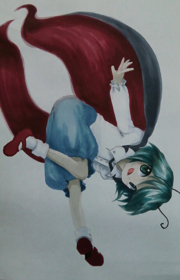 1girl antennae cape dress_shirt green_eyes green_hair long_sleeves looking_at_viewer oota_jun'ya_(style) open_mouth parody photo shirt short_hair shu_(loveeater) simple_background solo style_parody touhou traditional_media upside-down white_background wriggle_nightbug