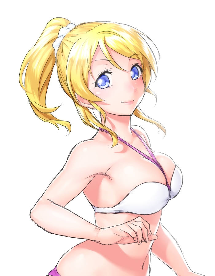 1girl ayase_eli bikini blonde_hair blue_eyes breasts large_breasts long_hair looking_at_viewer love_live!_school_idol_project navel onsoku_maru ponytail simple_background smile solo swimsuit white_background
