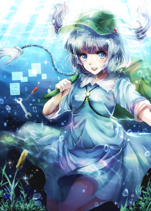 1girl backpack bag blue_eyes blue_hair bubble cattail cucumber dress extra_arms hair_bobbles hair_ornament hat kawashiro_nitori key kotonoman looking_at_viewer mechanical_arm open_mouth plant pocket revision screwdriver shirt short_hair short_sleeves short_twintails skirt skirt_set sleeves_rolled_up smile solo sparkle tools touhou twintails underwater water weapon wet wet_clothes wrench