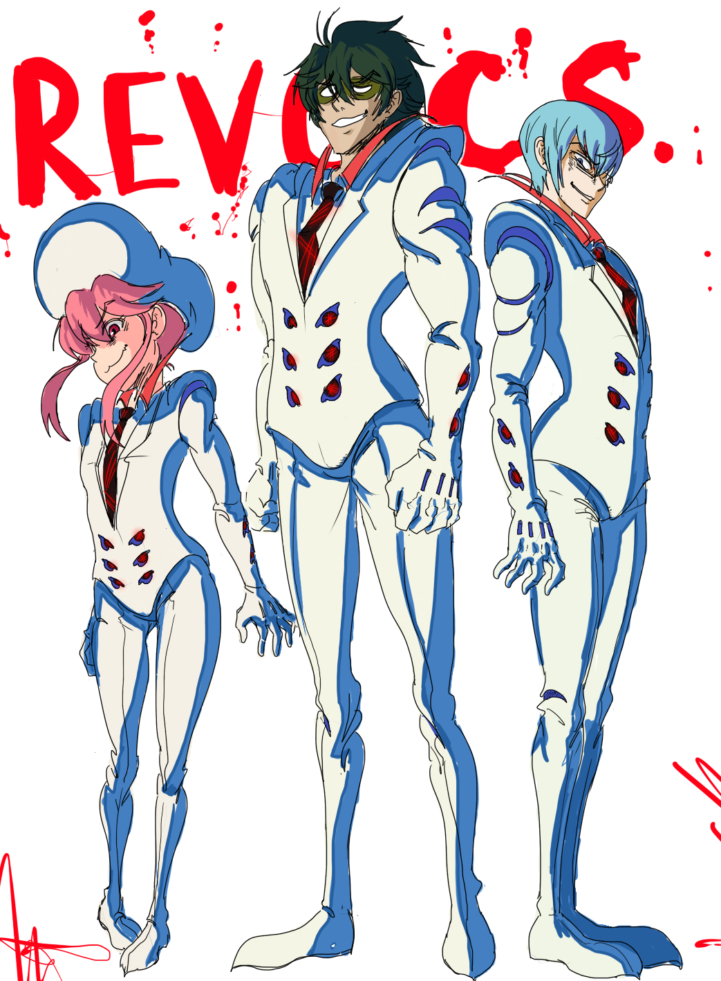 1girl 2boys alternate_costume bad_end blue_eyes blue_hair covers_(kill_la_kill) formal full_body glass gloves green_hair hat highres inumuta_houka jakuzure_nonon kill_la_kill living_clothes mask mike_angel multiple_boys necktie pink_eyes pink_hair sanageyama_uzu suit white_gloves