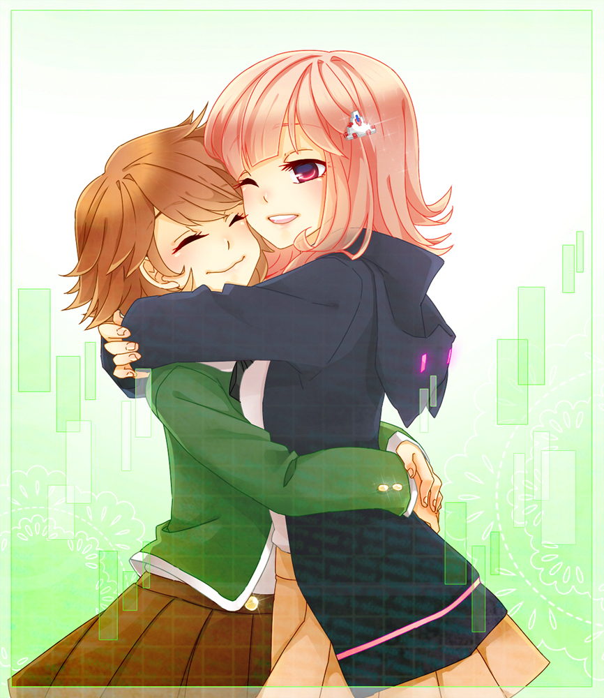 1boy 1girl brown_hair crossdressinging dangan_ronpa flipped_hair fujisaki_chihiro hoodie hug nanami_chiaki pink_eyes pink_hair school_uniform sea_(azure_pastel) short_hair skirt super_dangan_ronpa_2 trap wink