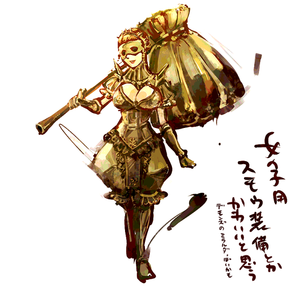 1girl armor breasts cleavage covered_eyes dark_souls executioner_smough genderswap hammer large_breasts mask taamo_yu translation_request weapon