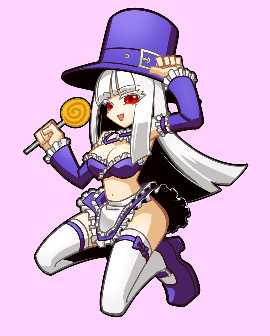 1girl alternate_costume apron breasts candy capcom_fighting_jam choker cleavage detached_sleeves eyelashes frills hat hime_cut ingrid jumping lollipop long_hair mary_janes midnight_bliss piko_(osso) red_eyes shoes skirt solo swirl_lollipop thighhighs top_hat waist_apron white_hair white_legwear