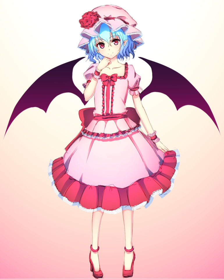 1girl bat_wings blouse blue_hair bow dress facing_viewer flower frilled_dress frilled_hat frilled_shirt frilled_skirt frilled_sleeves frills gradient gradient_background hand_on_own_chin hat hat_flower hat_ribbon head_tilt junior27016 large_bow layered_dress layered_skirt mob_cap no_socks pink_dress pink_shirt pink_skirt pointy_ears puffy_sleeves pumps red_eyes red_shoes remilia_scarlet ribbon rose shoes short_hair short_sleeves skirt skirt_set smile solo standing touhou wings wrist_cuffs