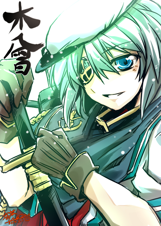 1girl aqua_eyes bust eyepatch gloves green_hair grin hat kantai_collection kiso_(kantai_collection) neckerchief personification smile solo sword takana_shinno translation_request weapon