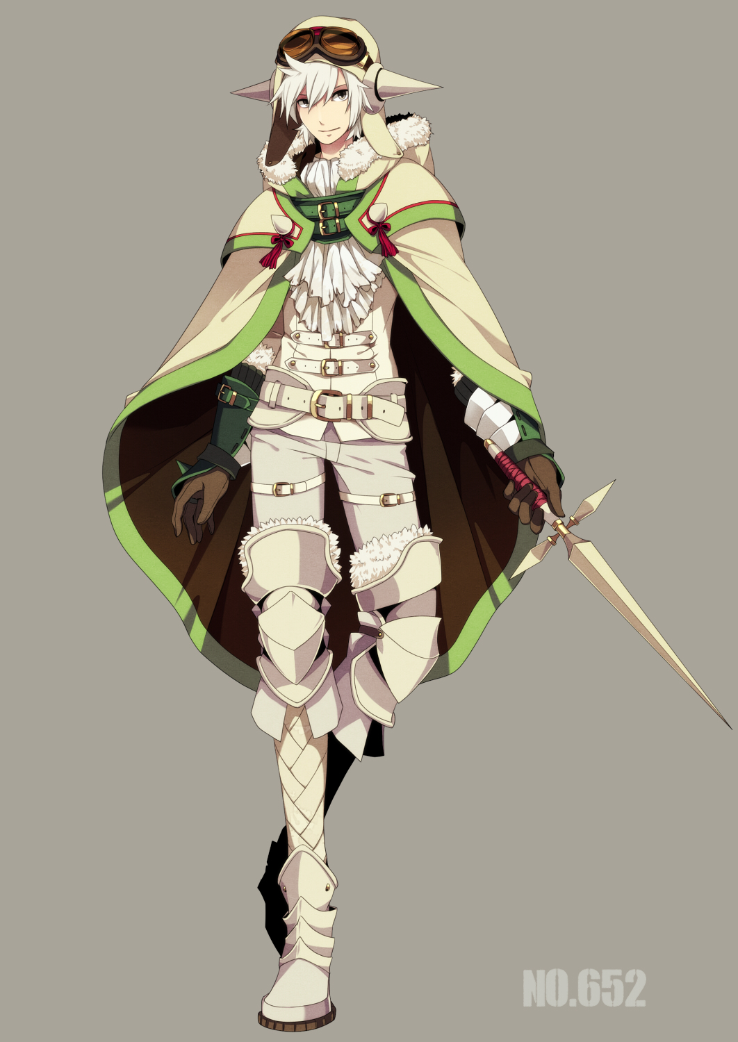 1boy boots cape chesnaught gloves goggles_on_hat grey_eyes highres merlusa personification pokemon weapon white_hair