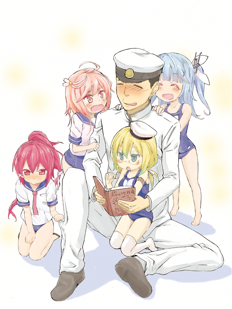 1boy 4girls admiral_(kantai_collection) blonde_hair blue_hair blush book child closed_eyes hands_on_shoulders i-168_(kantai_collection) i-19_(kantai_collection) i-58_(kantai_collection) i-8_(kantai_collection) kantai_collection multiple_girls open_mouth pink_hair pout reading rurounin school_swimsuit sitting sitting_on_lap sitting_on_person sleeve_tug smile swimsuit tugging
