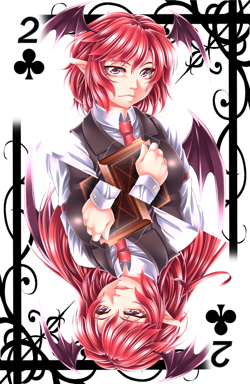 1girl bat_wings book breasts card_(medium) dress_shirt head_wings highres koakuma long_hair necktie redhead shirt short_hair solo touhou vest wings yoiti