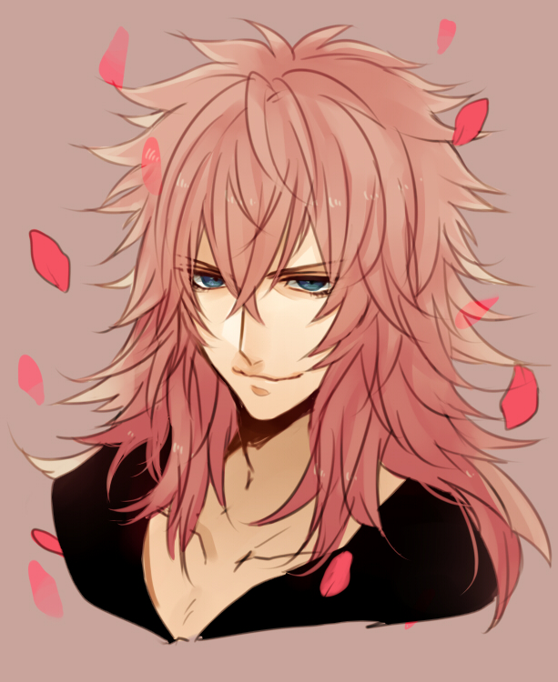 1boy blue_eyes kaikun kingdom_hearts long_hair marluxia petals pink_hair simple_background solo