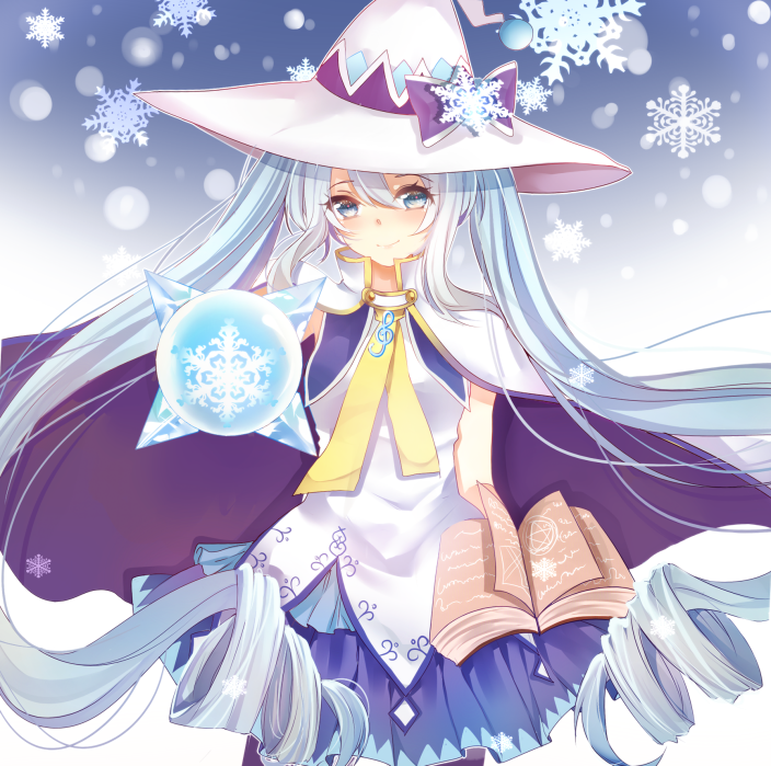 1girl blue_eyes blue_hair book cape hat hatsune_miku itsuki_(yishu) long_hair magical_girl skirt snowflakes solo twintails very_long_hair vocaloid witch_hat yuki_miku