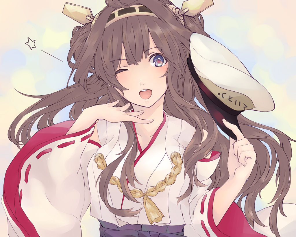 1girl ahoge bare_shoulders brown_hair detached_sleeves hairband hat hat_removed headwear_removed holding holding_hat japanese_clothes kantai_collection kongou_(kantai_collection) long_hair long_sleeves looking_at_viewer multicolored_eyes one_eye_closed open_mouth personification saki_hajime solo star translated wide_sleeves wink