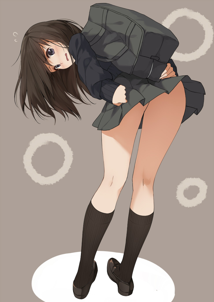 1girl ass bag black_legwear blue_eyes blush brown_hair caidychen flying_sweatdrops from_behind kneehighs kneepits leaning leaning_forward legs loafers long_hair looking_at_viewer looking_back no_panties open_mouth original school_bag school_uniform shoes skirt solo sweater wavy_mouth