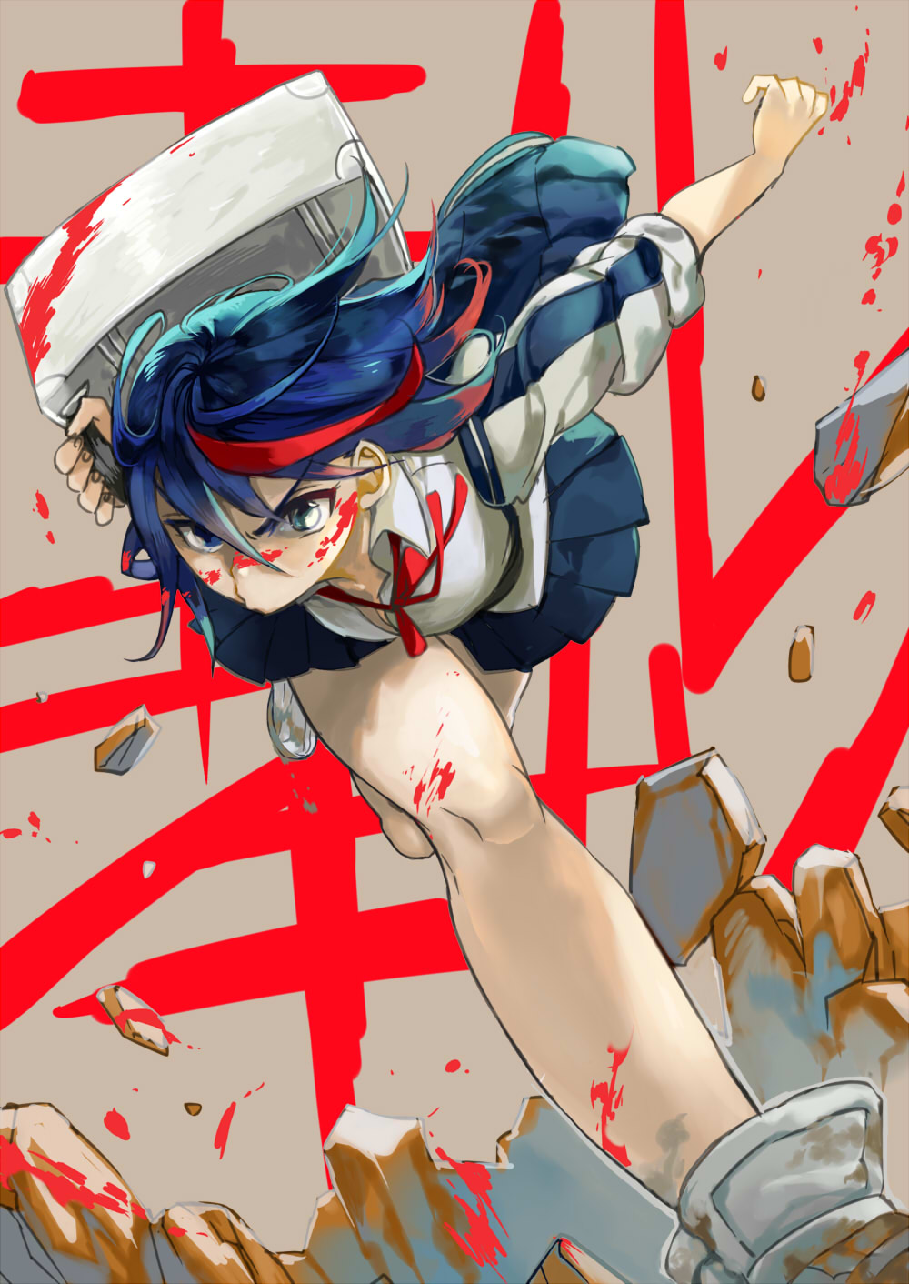 1girl bag black_hair blood blood_on_face blue_eyes down_blouse ground_shatter highres kill_la_kill matoi_ryuuko multicolored_hair pleated_skirt redhead running school_uniform shoes short_hair skirt sneakers ta_(isaki) track_jacket tsurime two-tone_hair