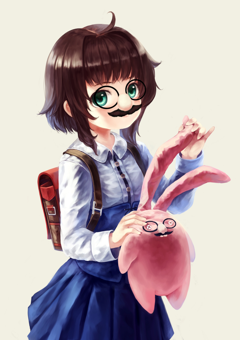 1girl anocco backpack bag brown_hair child facial_hair fake_mustache funny_glasses glasses green_eyes highres mustache original randoseru short_hair simple_background skirt solo stuffed_animal stuffed_bunny stuffed_toy white_background