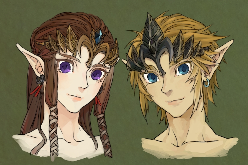 1boy 1girl blonde_hair blue_eyes brown_hair earrings green_background irohaniwoedotirinuruwo jewelry link lips long_hair looking_at_viewer pointy_ears princess_zelda smile tagme the_legend_of_zelda twilight_princess violet_eyes