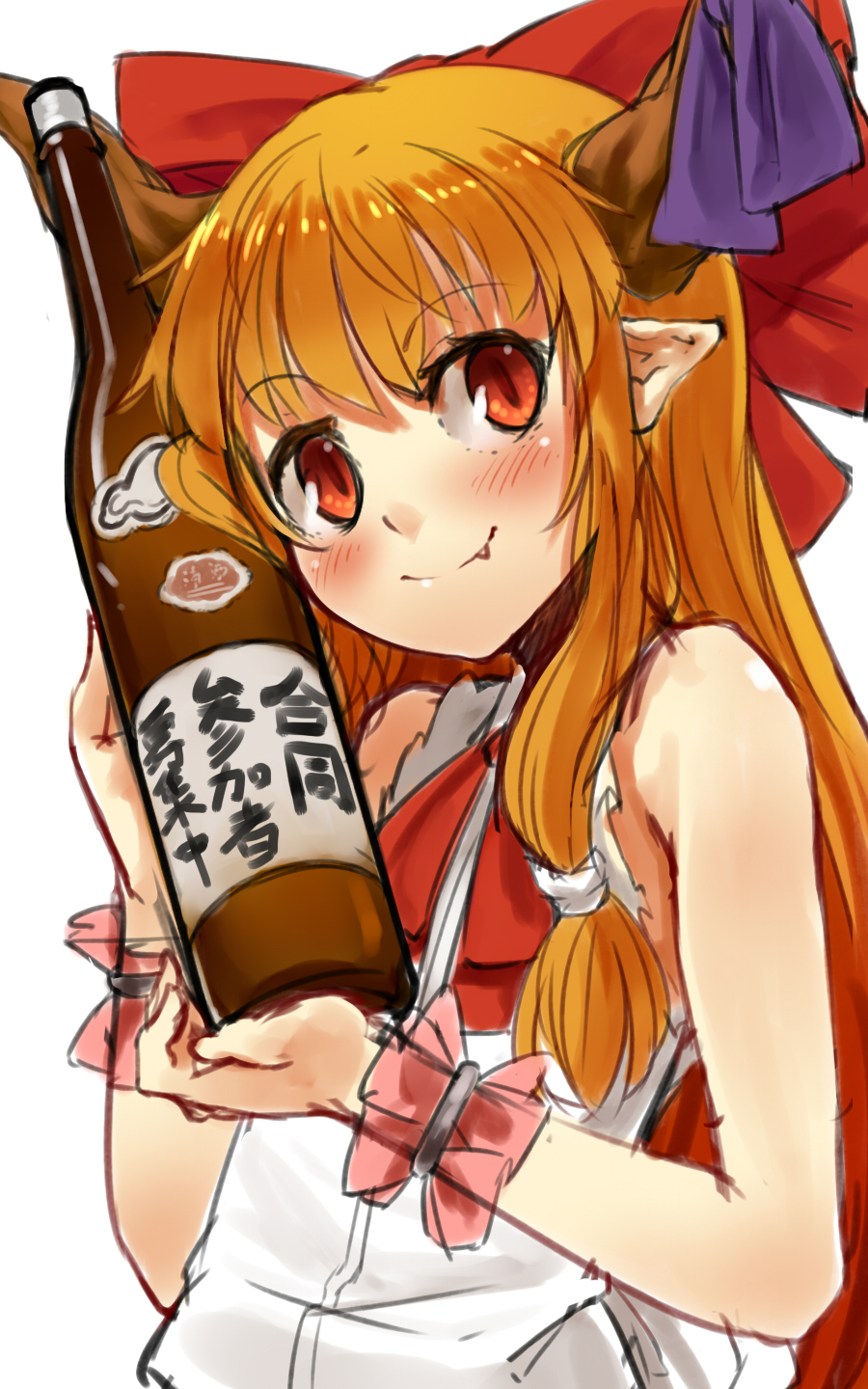 1girl blush bottle bow fang hair_bow highres horn_ribbon horns ibuki_suika long_hair nishiuri orange_hair pointy_ears red_eyes ribbon rough simple_background sleeveless sleeveless_shirt smile solo touhou translation_request white_background wrist_cuffs