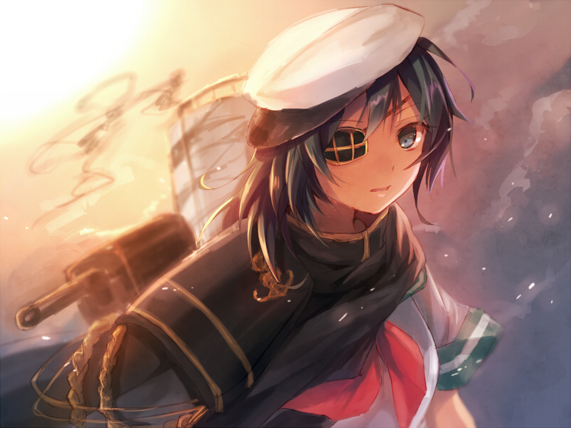 1girl eyepatch hat kantai_collection kiso_(kantai_collection) looking_at_viewer nunucco short_hair solo