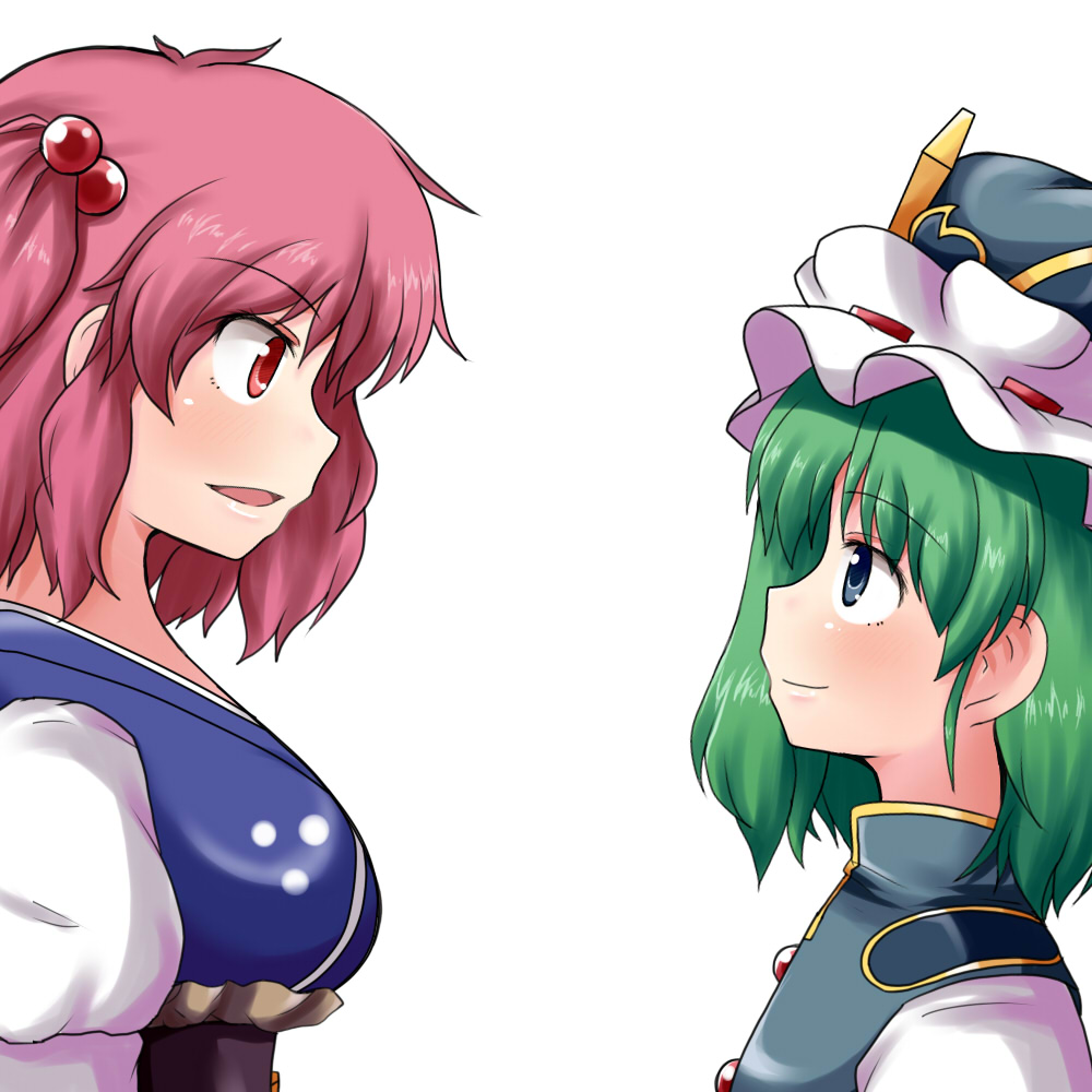 2girls breasts bust eye_contact green_eyes green_hair hair_bobbles hair_ornament hat high_collar looking_at_another looking_down looking_up mono_(mono60) multiple_girls onozuka_komachi parted_lips pink_hair profile red_eyes shiki_eiki short_hair simple_background smile touhou twintails white_background