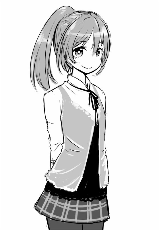 1girl arms_behind_back flat_chest greyscale monochrome pantyhose ponytail simple_background skirt smile solo white_background zaxwu