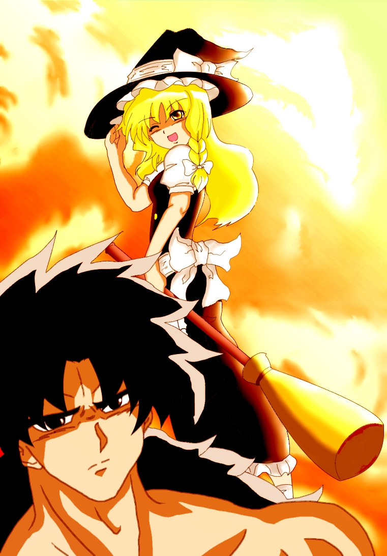 1boy 1girl apron black_hair blonde_hair blush bow broly broom brown_eyes crossover dragon_ball dragon_ball_z dress hair_bow hair_ribbon hat kanata_(yuu) kirisame_marisa muscle open_mouth puffy_sleeves ribbon short_puffy_sleeves skirt skirt_set spiky_hair touhou vest waist_apron witch witch_hat yellow_eyes
