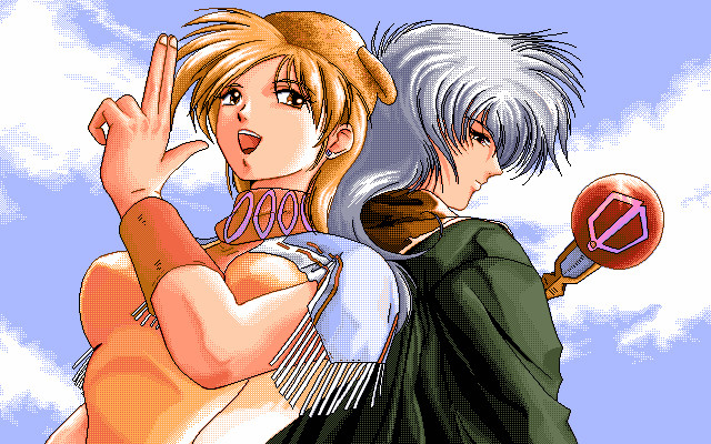 2girls armband artist_request brown_eyes bust clouds cloudy_sky dithering francesca_(hercequary) grey_hair hercequary hoodie knit_hat light_brown_hair multiple_girls robe sky staff tina_(hercequary)