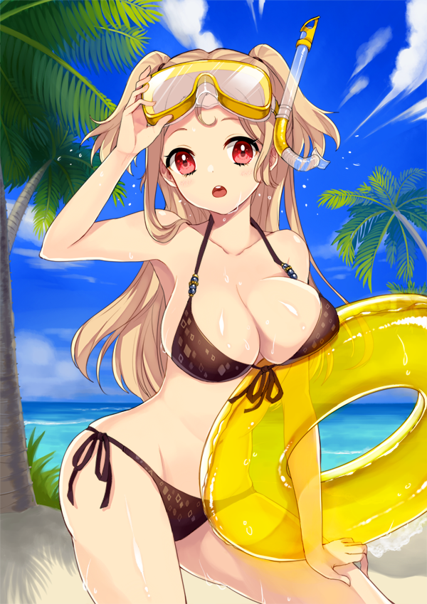 1girl :o beach bikini breast_press breasts brown_hair cleavage front-tie_top goggles goggles_on_head hand_on_thigh himaya innertube long_hair looking_at_viewer navel ocean original palm_tree red_eyes shiny shiny_skin short_twintails side-tie_bikini skindentation sky snorkel solo swimsuit tree twintails two_side_up wet