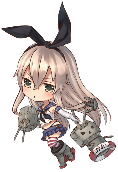 1girl anchor black_panties blonde_hair cannon chibi elbow_gloves gloves hair_ornament hairband kantai_collection long_hair looking_at_viewer midriff miniskirt moe_(hamhamham) panties personification pleated_skirt rensouhou-chan shimakaze_(kantai_collection) skirt striped striped_legwear thighhighs underwear white_background white_gloves yellow_eyes