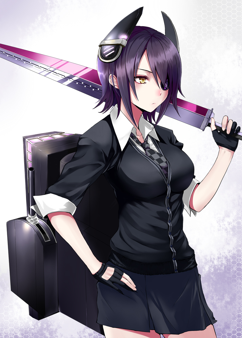1girl eyepatch fingerless_gloves gloves hand_on_hip kantai_collection necktie personification purple_hair school_uniform simon_(n.s_craft) skirt solo sword tenryuu_(kantai_collection) weapon yellow_eyes