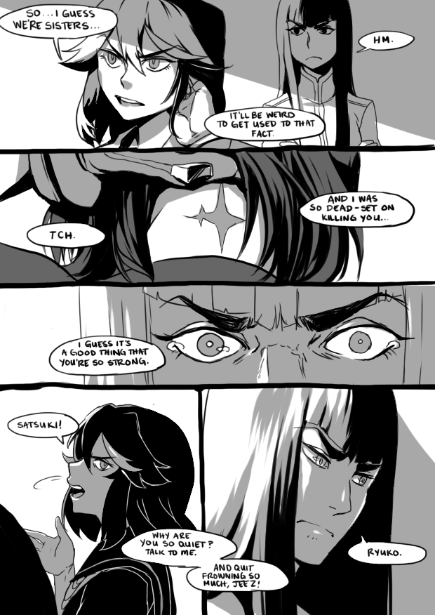 2girls comic english kill_la_kill kiryuuin_satsuki matoi_ryuuko monochrome multiple_girls radiostarkiller scar spoilers tears