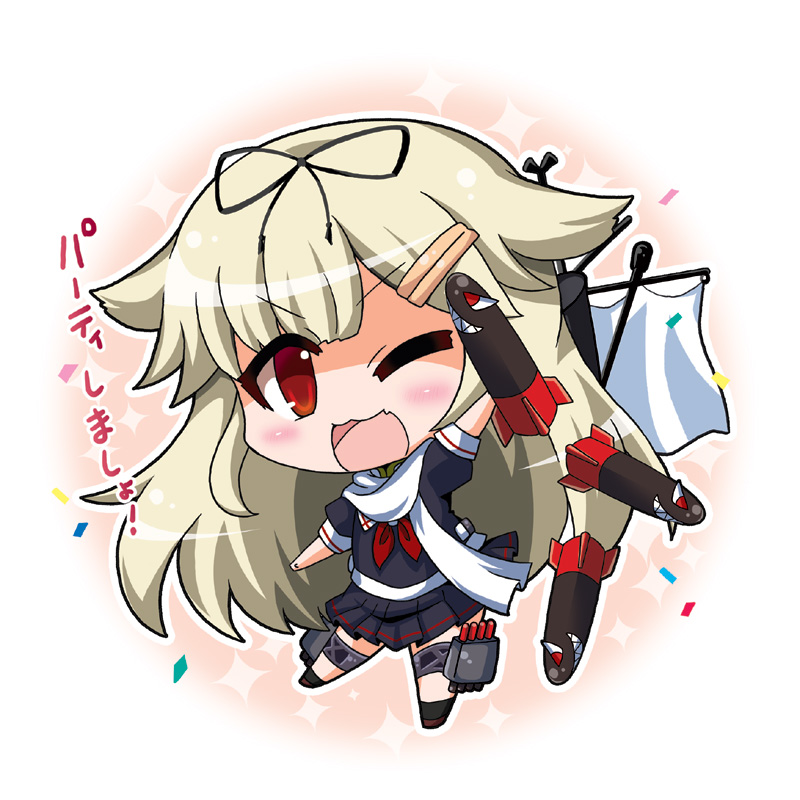 1girl ;p blonde_hair bow chibi hair_bow hair_ornament hair_ribbon hairclip kantai_collection long_hair noai_nioshi open_mouth personification red_eyes ribbon scarf school_uniform serafuku short_sleeves skirt smile solo straight_hair text tongue torpedo translation_request turret wink yuudachi_(kantai_collection)