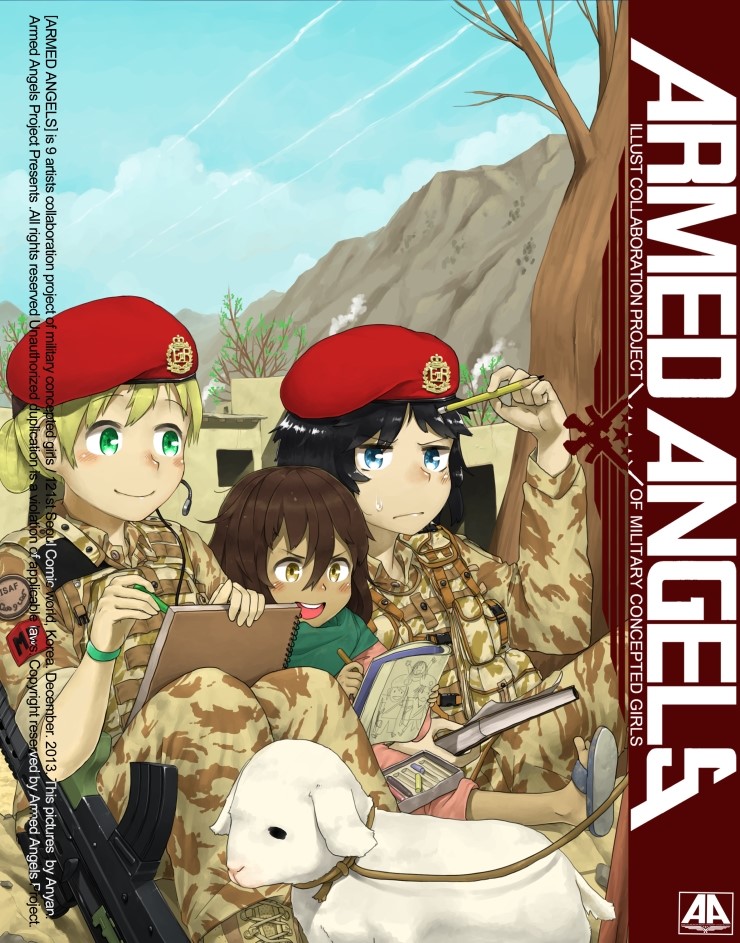 3girls anyan_(jooho) assault_rifle beret black_hair blonde_hair blue_eyes blush box brown_eyes brown_hair child clouds crayon dark_skin doujinshi drawing england green_eyes gun hat headset l85 leash military military_uniform mountain multiple_girls notebook original pencil police ponytail rifle sandals sheep short_hair sky smile soldier sweatdrop traditional_clothes uniform weapon